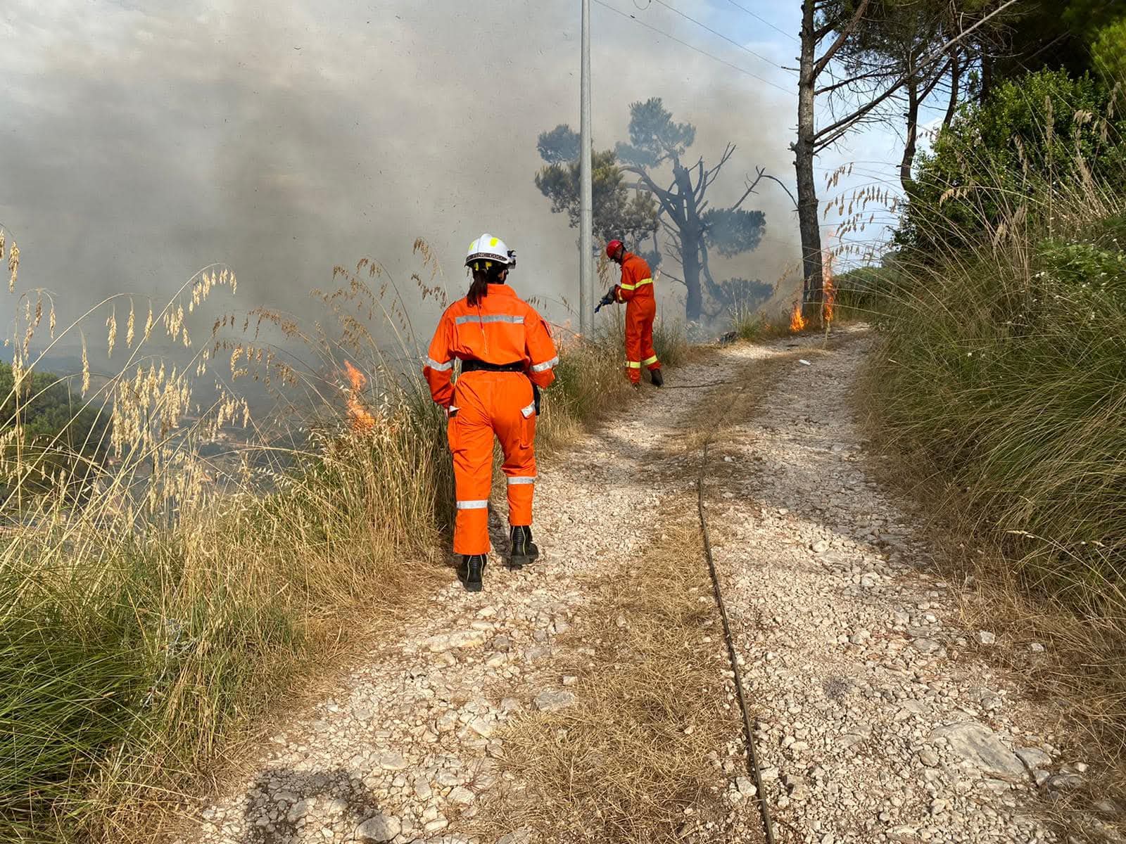 Volontari AIB in azione durante incendio boschivo