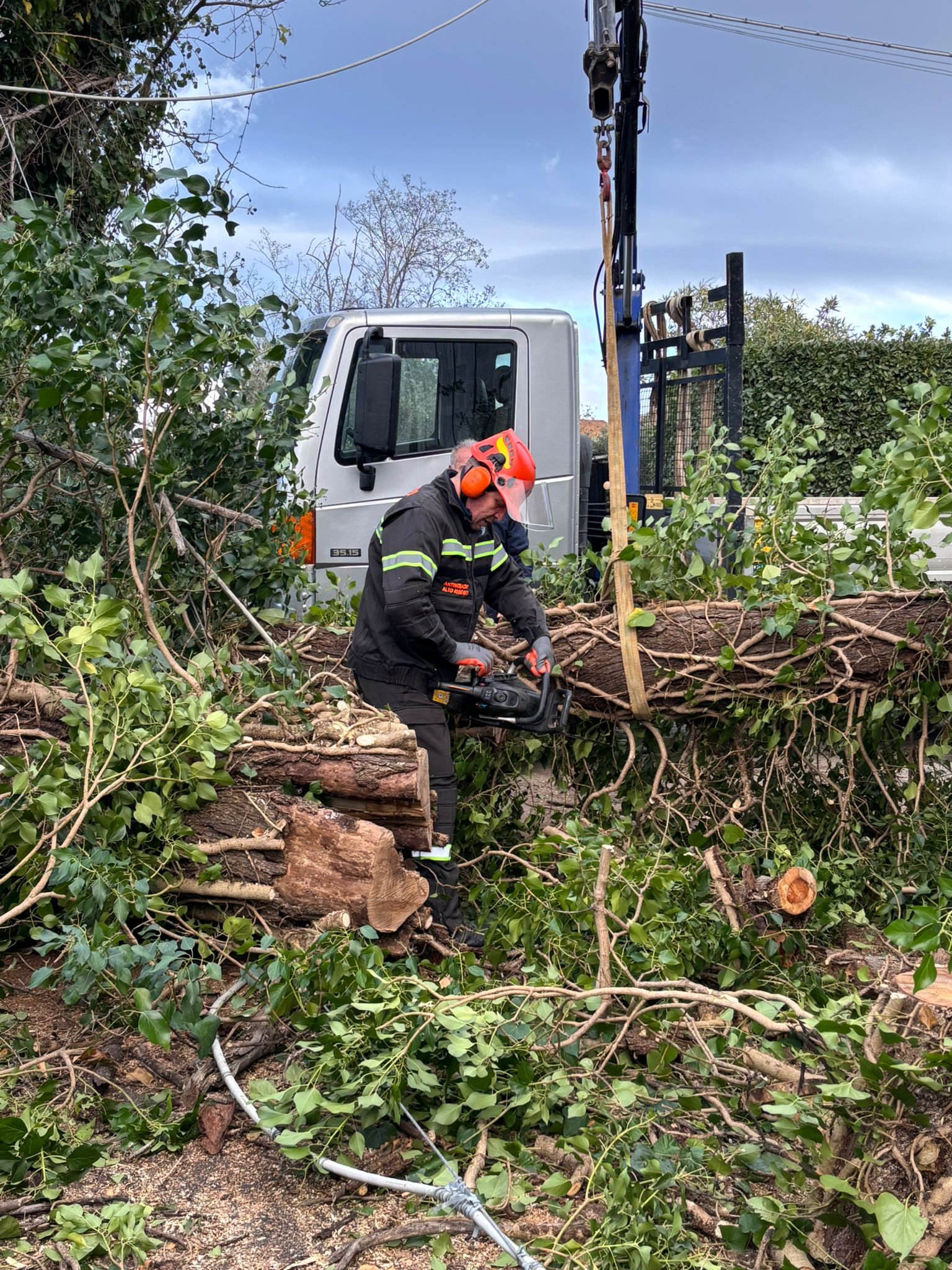 Volontario con motosega durante rimozione alberi caduti